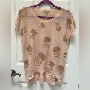 Pink with Gold Skulls Short-Sleeve Sweater Blouse Punk Halloween Size Small NWOT